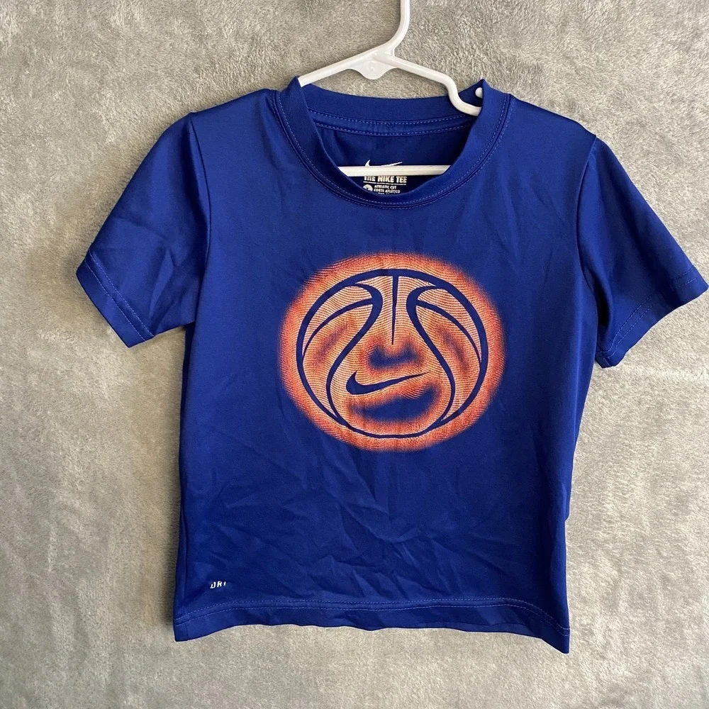 Nike Kids 4-5 Yrs Dri-Fit Blue Athletic Tee Basketball Logo